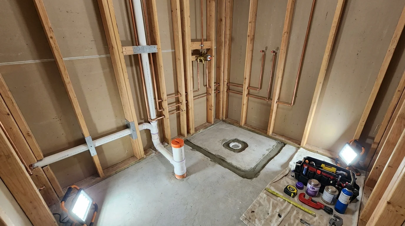 Bathroom rough-in plumbing during remodel by Johns Plumbing LLC in Beaver Dam