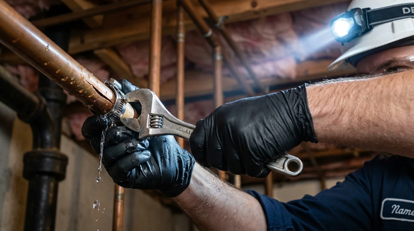 Emergency pipe clamp repair being performed by a Johns Plumbing LLC plumber in Beaver Dam